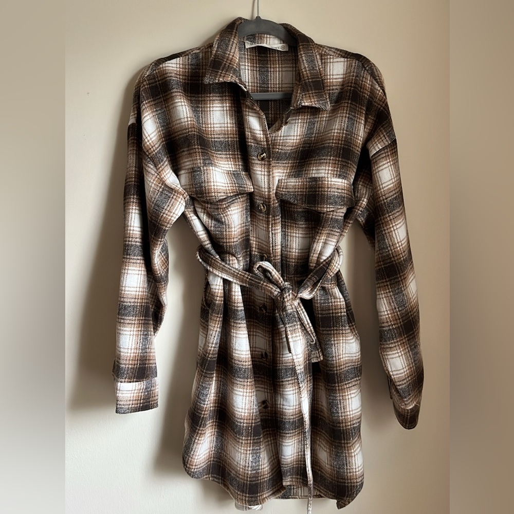12th Tribe- Belted plaid Shacket mini dress